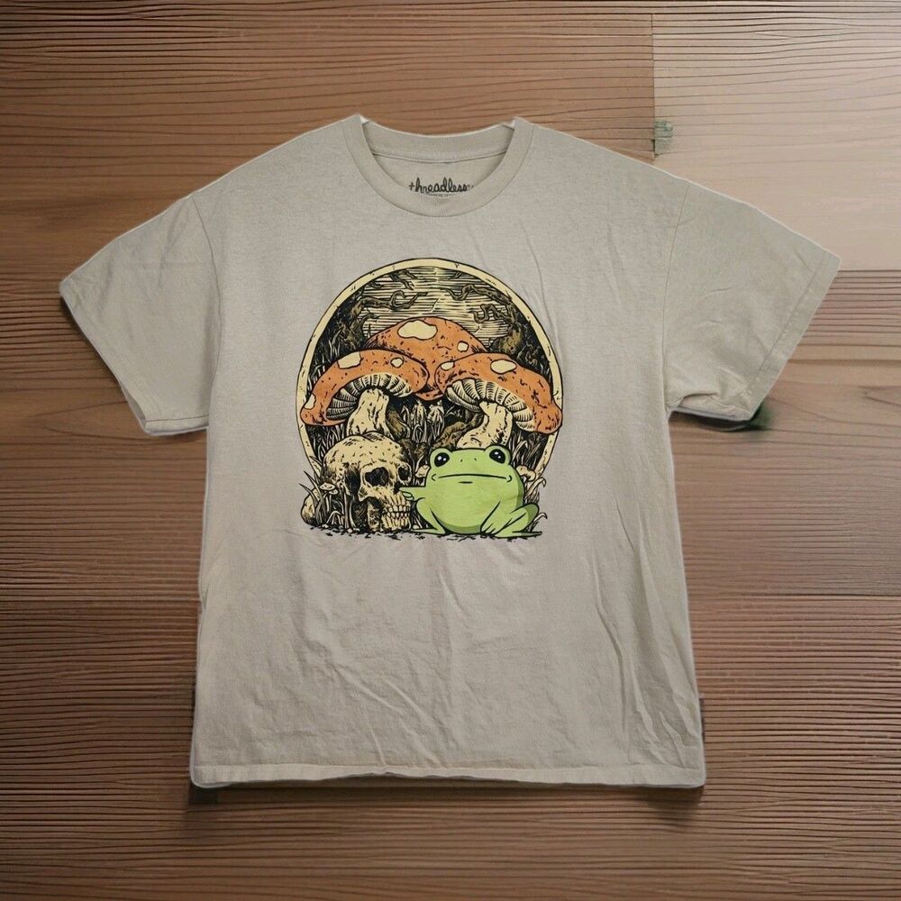 Threadless mushroom, frog, & skull t-shirt, women's L, tan w/‎ graphic print